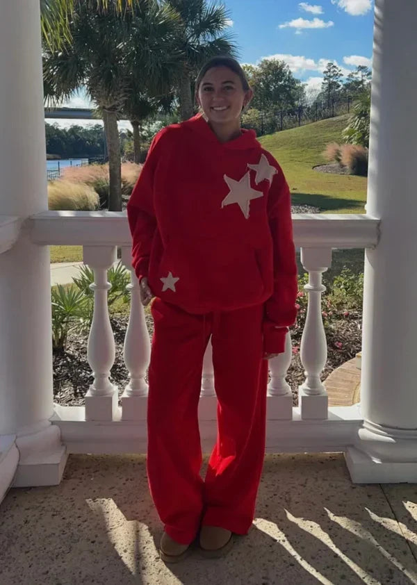 Sorvienne Oversized Star Patch Hoodie and Joggers Set in Red