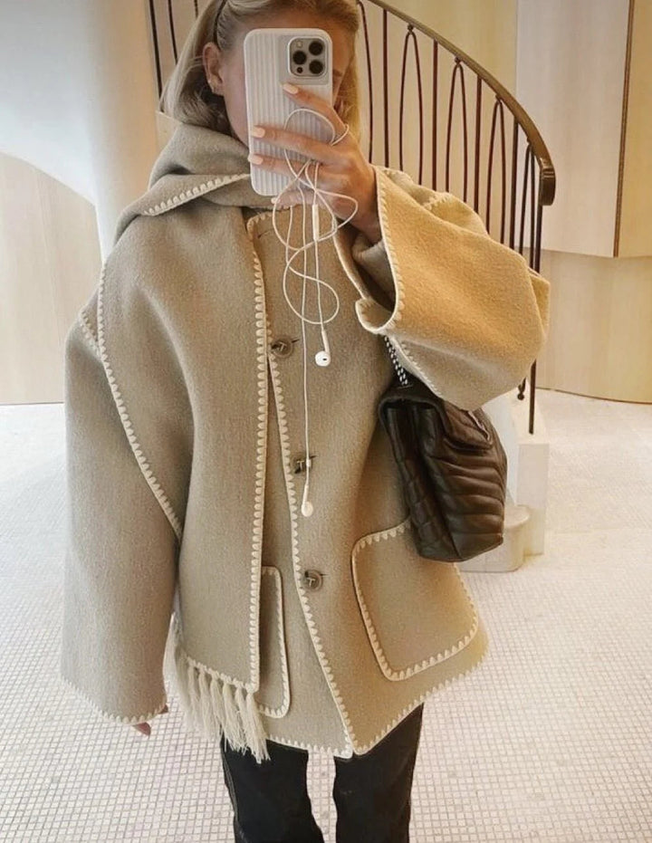 Sorvienne Oversized Blanket Stitch Scarf Coat in Beige