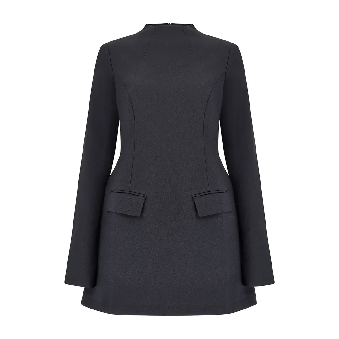 Sorvienne Tailored Flared Long Sleeve Mini Dress in Black