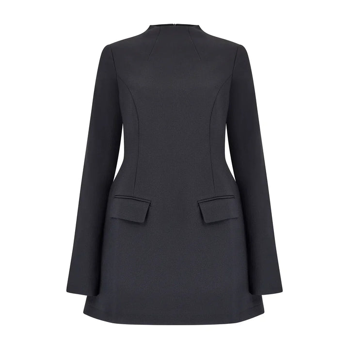 Sorvienne Tailored Flared Long Sleeve Mini Dress in Black