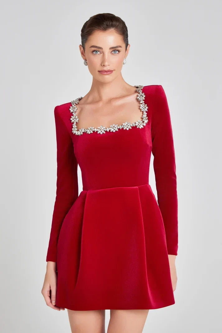 Sorvienne Tailored Embellished Square Neck Velvet Mini Dress in Red