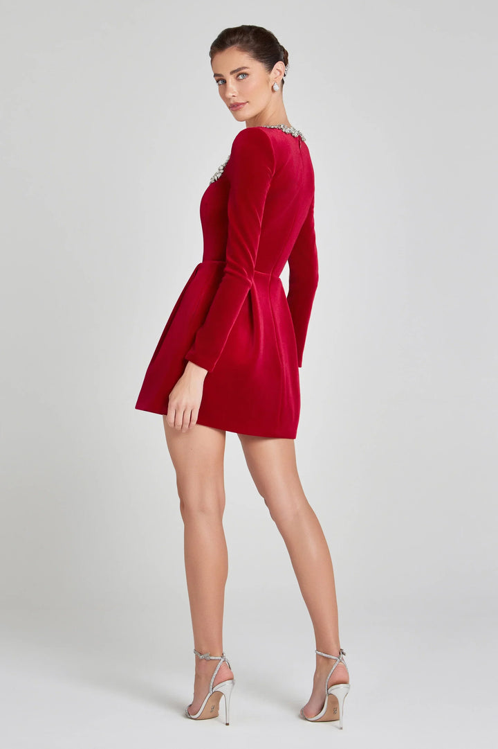 Sorvienne Tailored Embellished Square Neck Velvet Mini Dress in Red