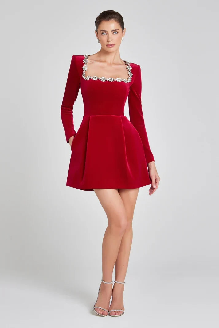 Sorvienne Tailored Embellished Square Neck Velvet Mini Dress in Red