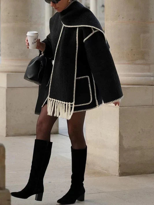 Sorvienne Oversized Blanket Stitch Scarf Coat in Black with Cream Trim