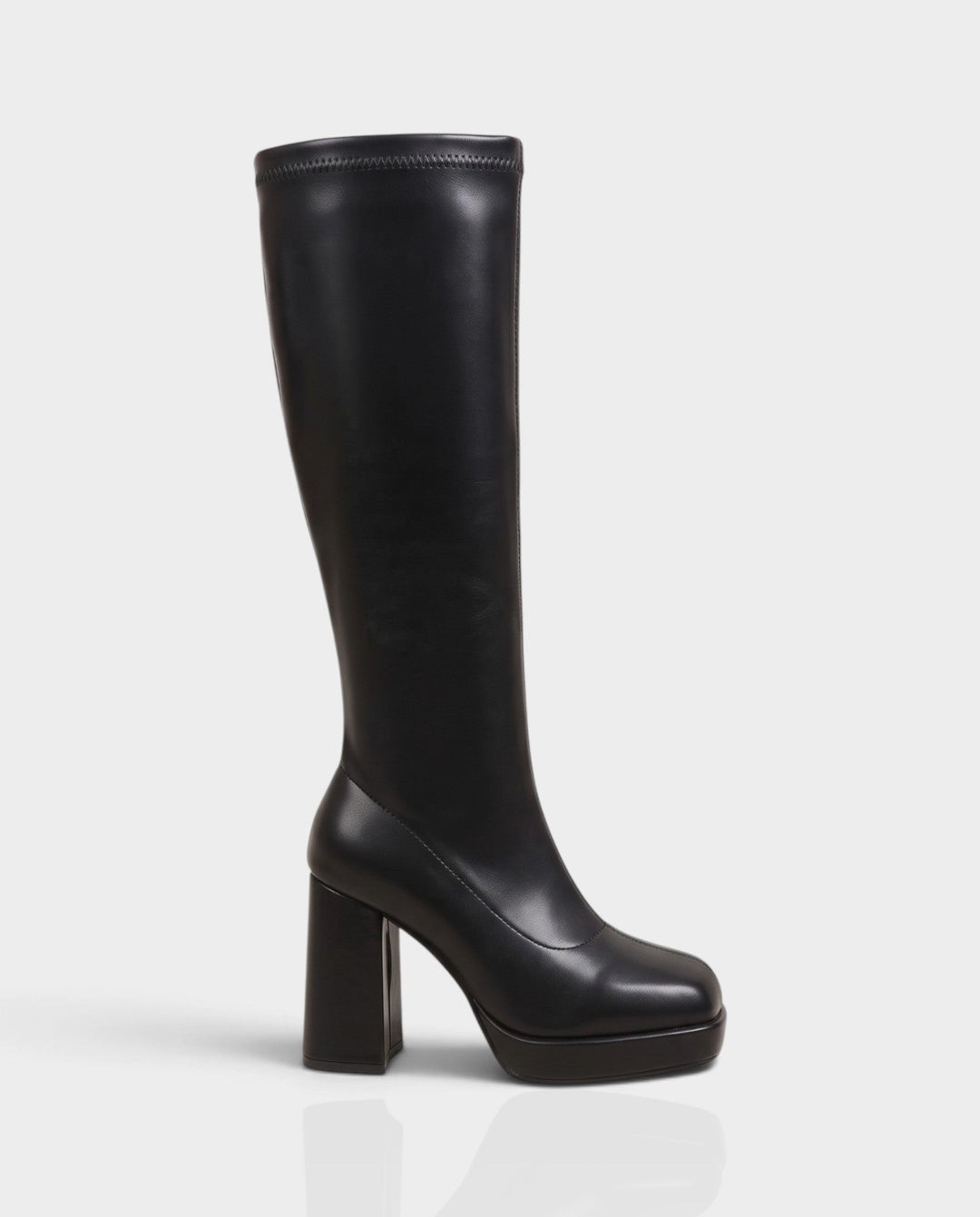 Sorvienne Square Toe Platform Knee High Boots in Black