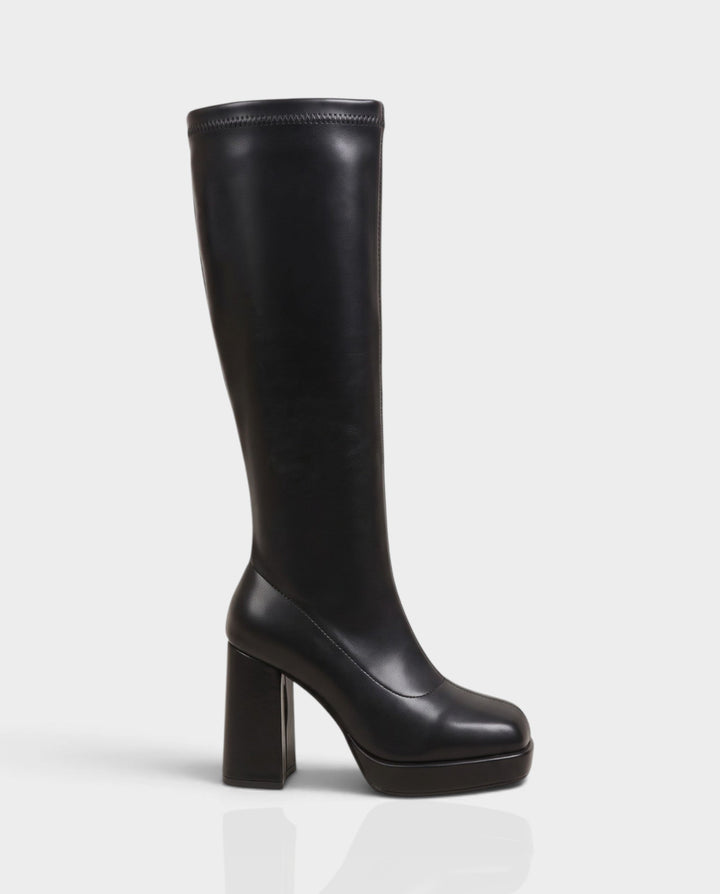 Sorvienne Square Toe Platform Knee High Boots in Black