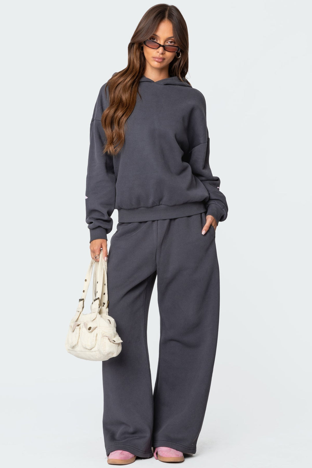 Sorvienne Relaxed Bow Embroidered Hoodie and Joggers Set in Charcoal