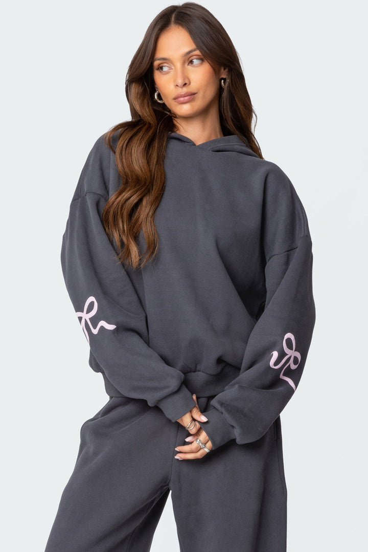 Sorvienne Relaxed Bow Embroidered Hoodie and Joggers Set in Charcoal