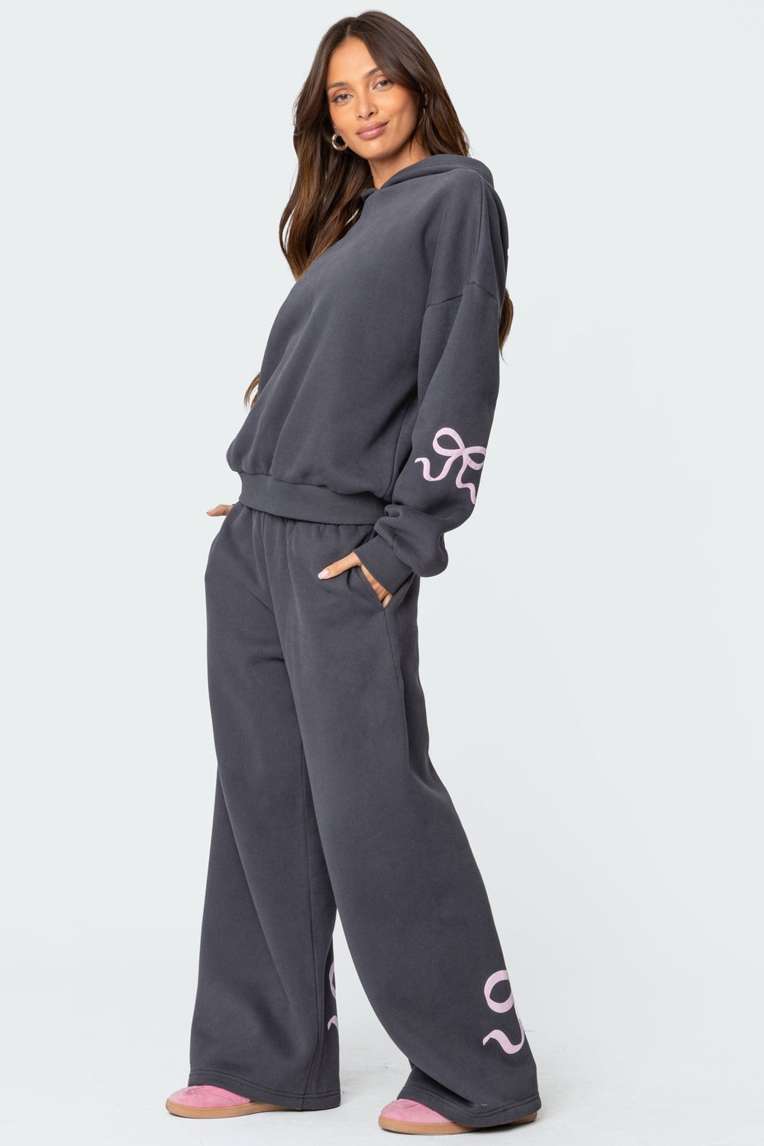 Sorvienne Relaxed Bow Embroidered Hoodie and Joggers Set in Charcoal