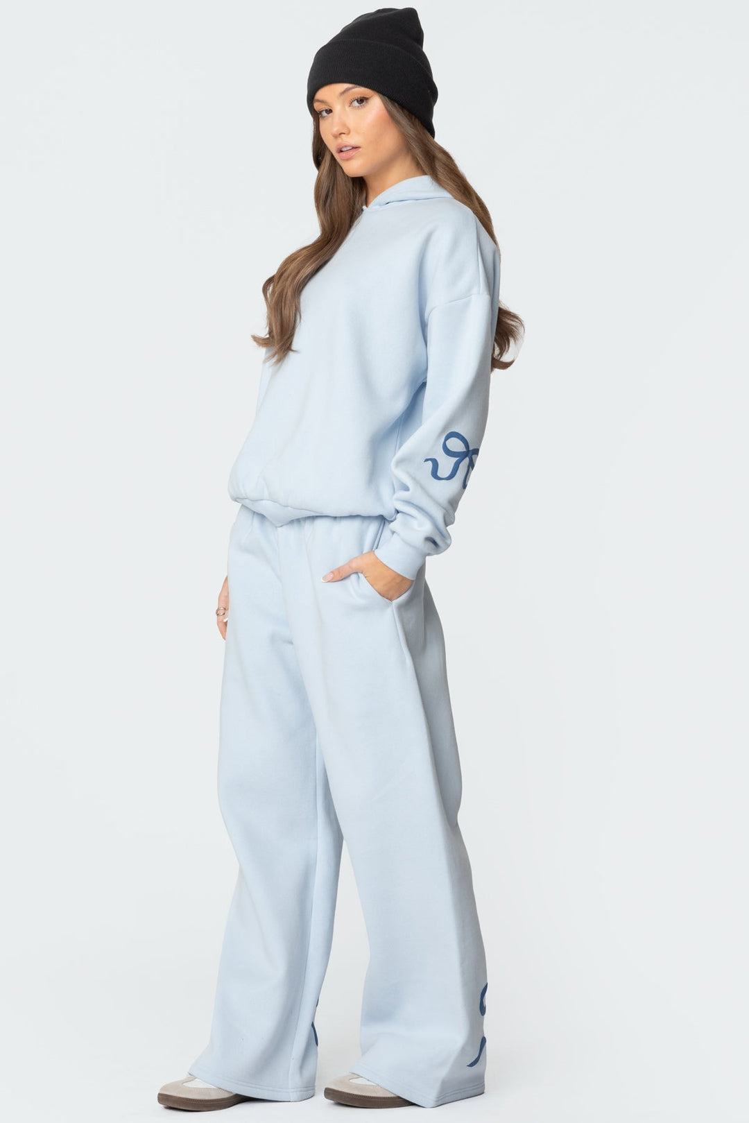 Sorvienne Relaxed Bow Embroidered Hoodie and Joggers Set in Light Blue