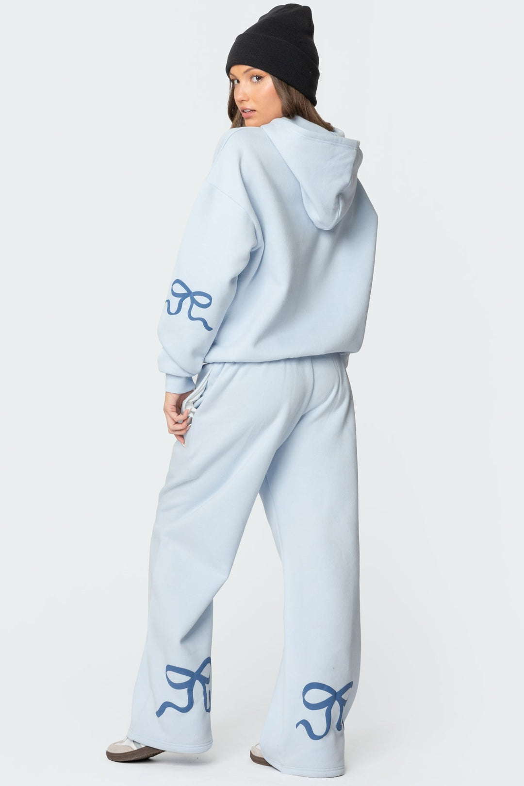 Sorvienne Relaxed Bow Embroidered Hoodie and Joggers Set in Light Blue