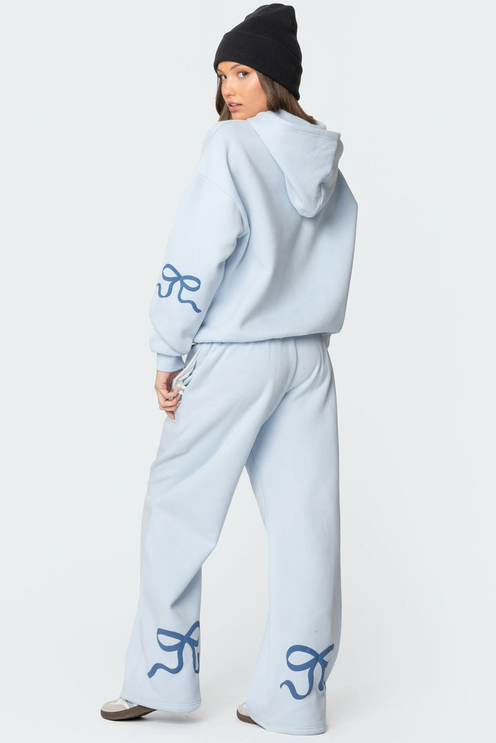 Sorvienne Relaxed Bow Embroidered Hoodie and Joggers Set in Light Blue