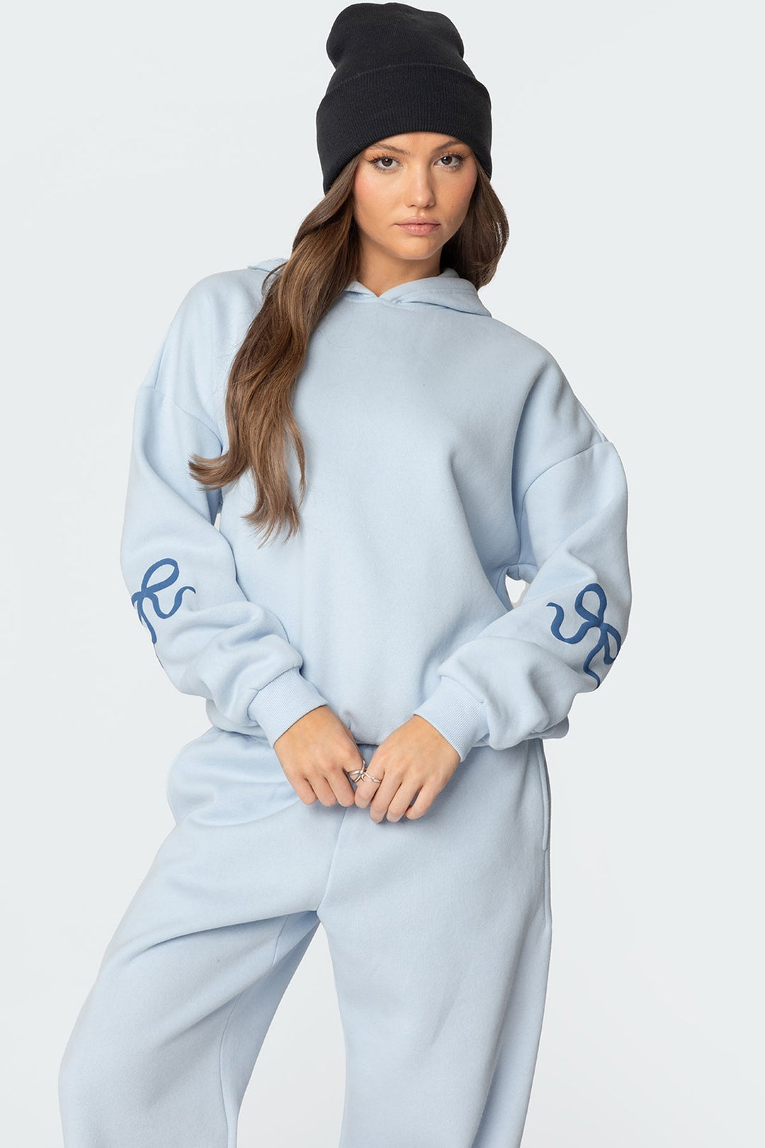Sorvienne Relaxed Bow Embroidered Hoodie and Joggers Set in Light Blue