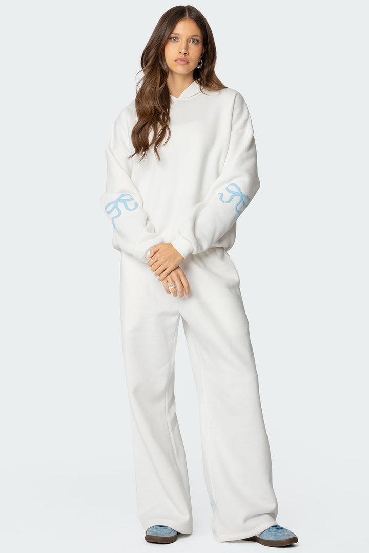 Sorvienne Relaxed Bow Embroidered Hoodie and Joggers Set in Cream
