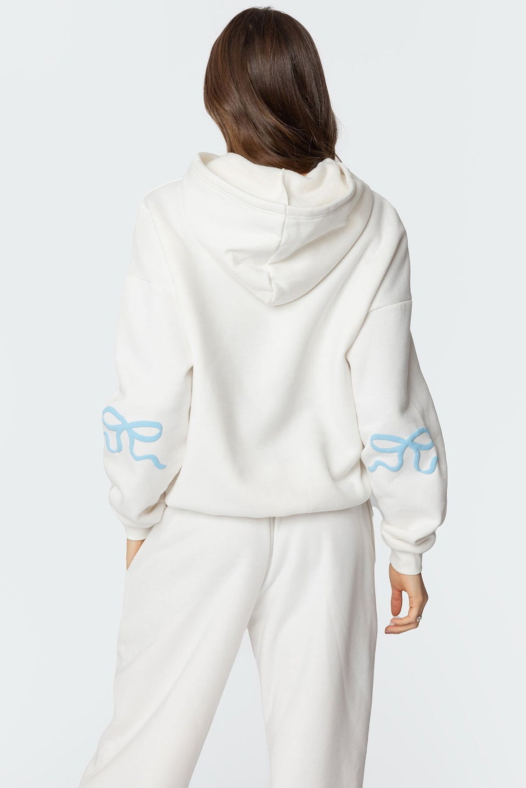Sorvienne Relaxed Bow Embroidered Hoodie and Joggers Set in Cream