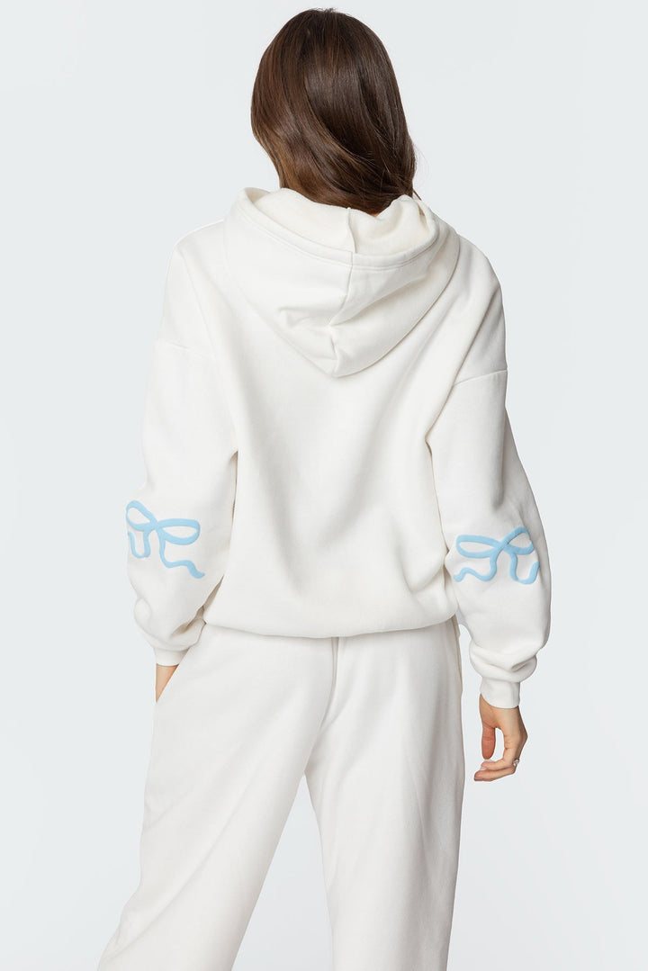 Sorvienne Relaxed Bow Embroidered Hoodie and Joggers Set in Cream