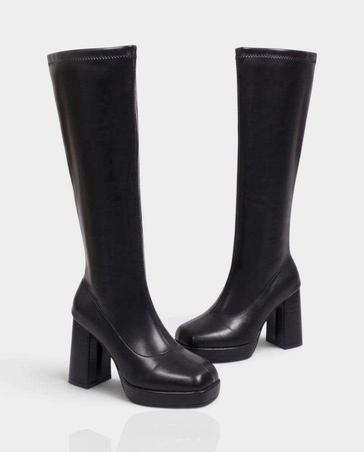 Sorvienne Square Toe Platform Knee High Boots in Black
