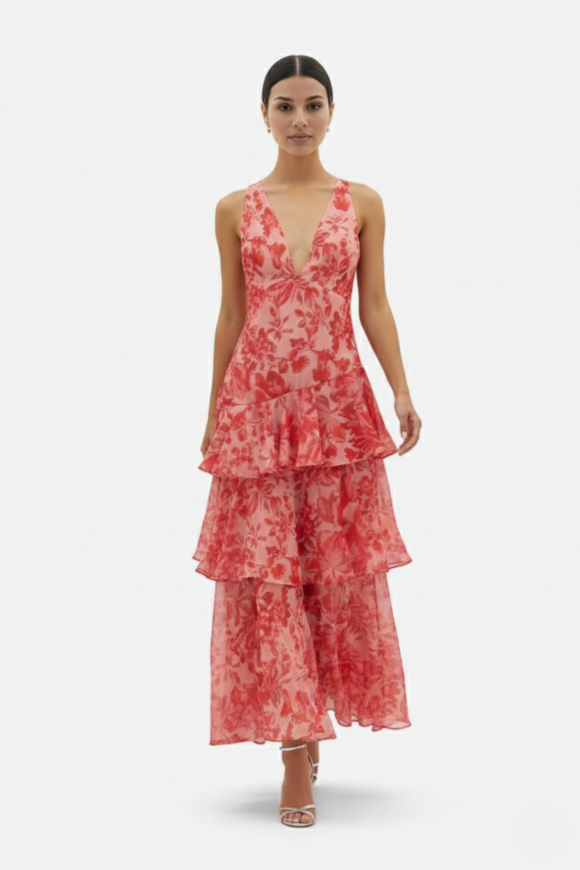 Floral Print Deep V Neck Chiffon Tiered Ruffle Maxi Dress Adjustable Strap Back  - Siopie