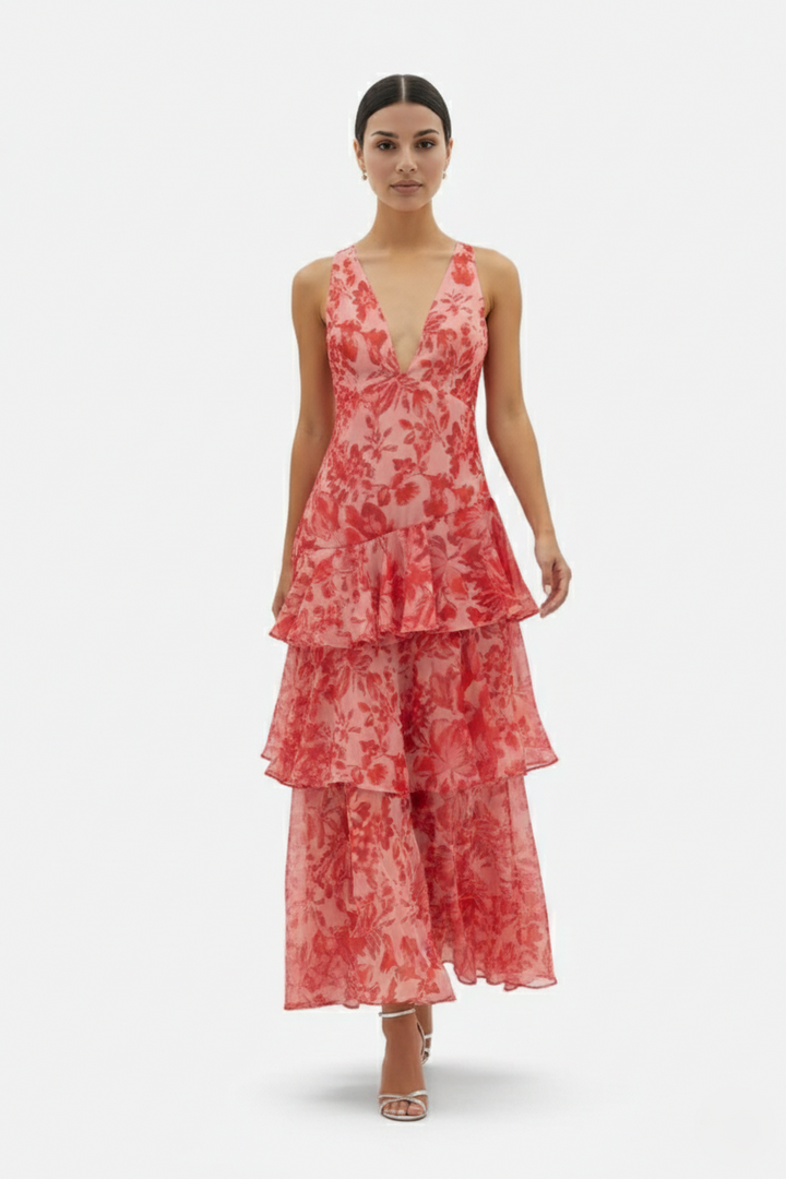 Floral Print Deep V Neck Chiffon Tiered Ruffle Maxi Dress Adjustable Strap Back  - Siopie