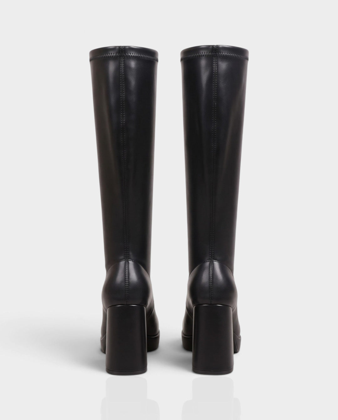 Sorvienne Square Toe Platform Knee High Boots in Black