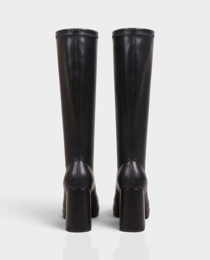 Sorvienne Square Toe Platform Knee High Boots in Black