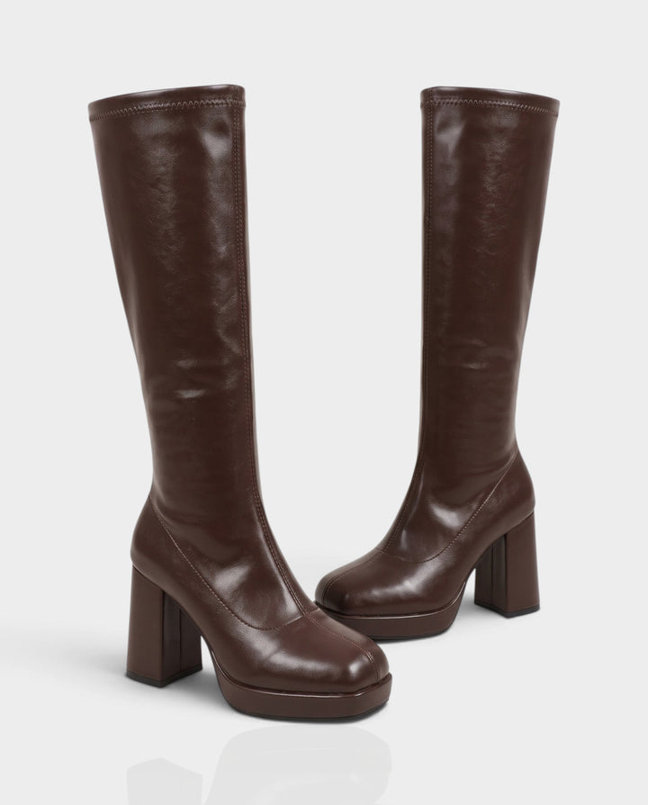 Sorvienne Square Toe Platform Knee High Boots in Brown