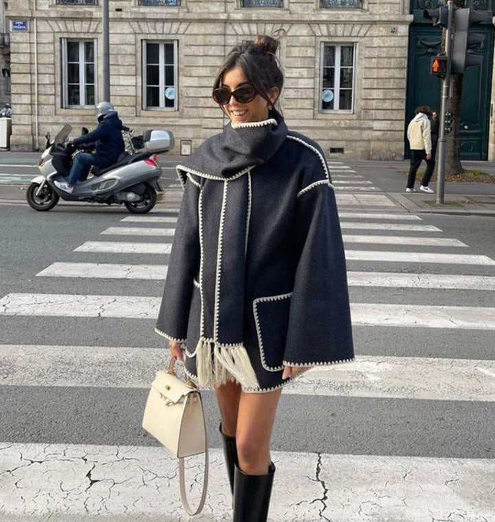 Sorvienne Oversized Blanket Stitch Scarf Coat in Black with Cream Trim
