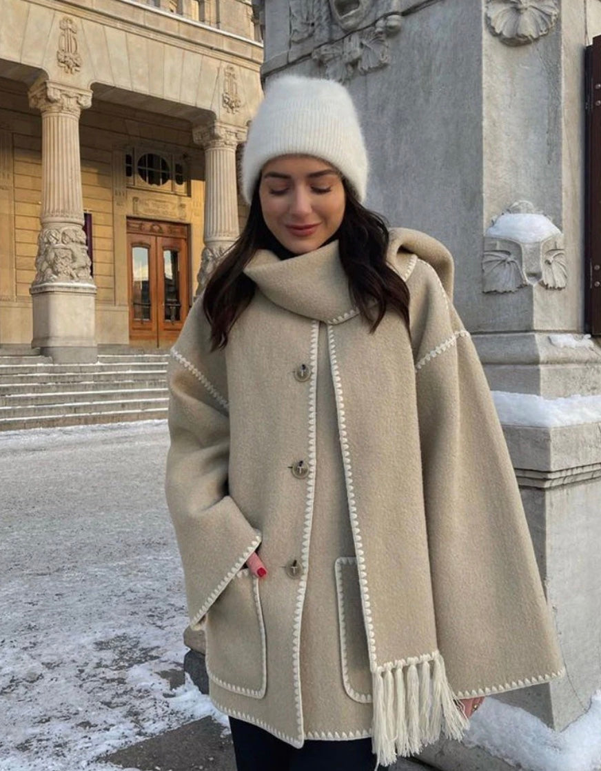 Sorvienne Oversized Blanket Stitch Scarf Coat in Beige