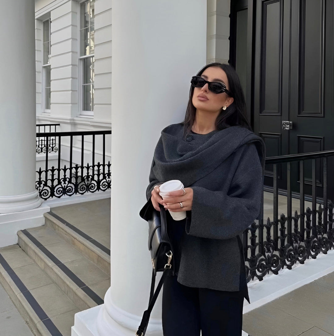 Sorvienne Relaxed Asymmetric Scarf Coat in Charcoal