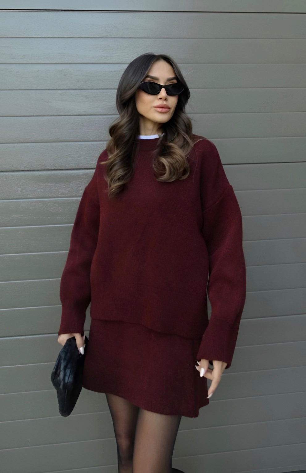 Sorvienne Oversized Knitted Jumper and Skirt Set in Burgundy