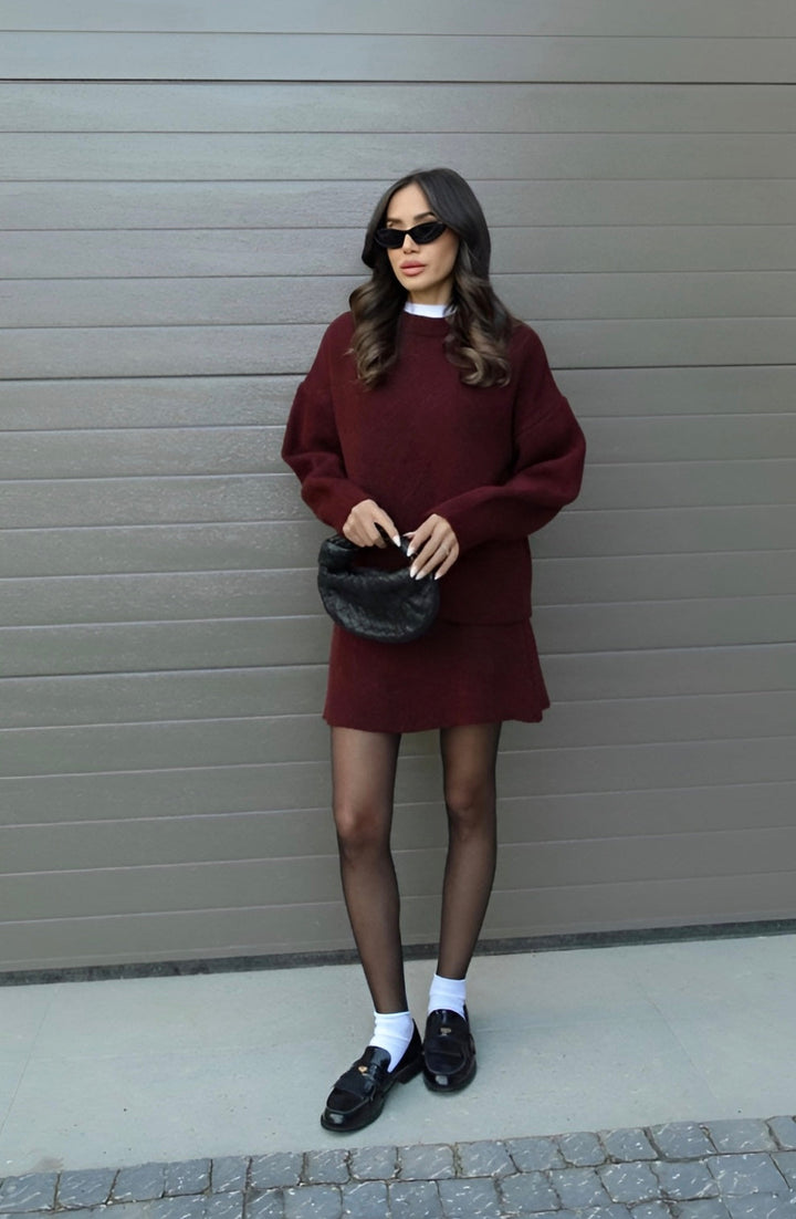 Sorvienne Oversized Knitted Jumper and Skirt Set in Burgundy