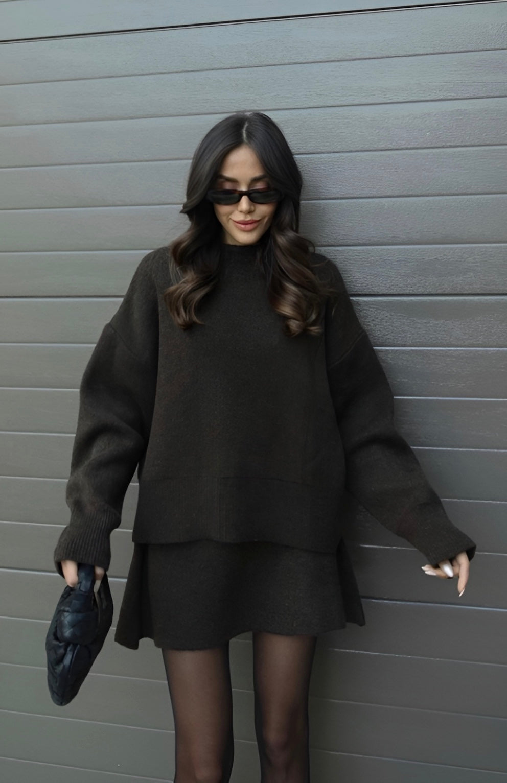 Sorvienne Oversized Knitted Jumper and Skirt Set in Chocolate