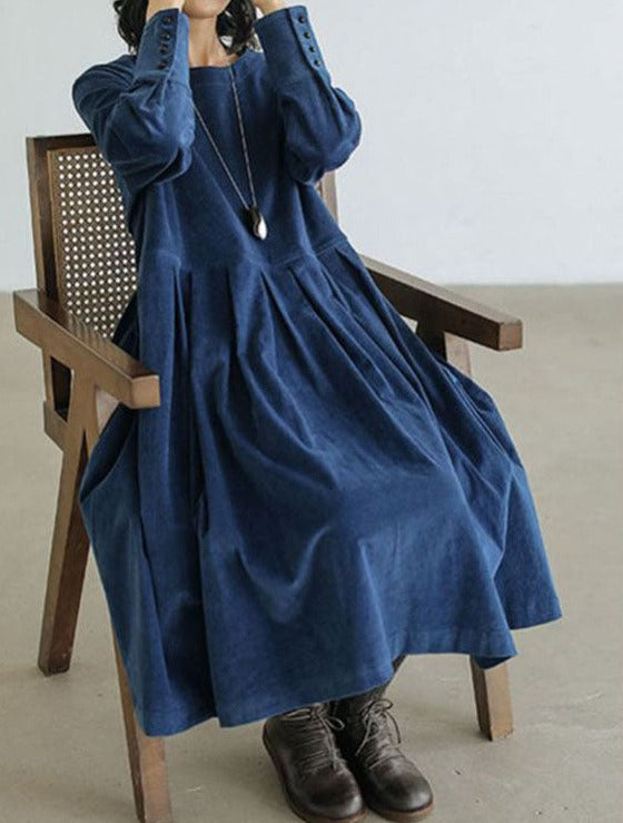 Sorvienne Flowing Long Sleeve Cord Midi Dress in Blue