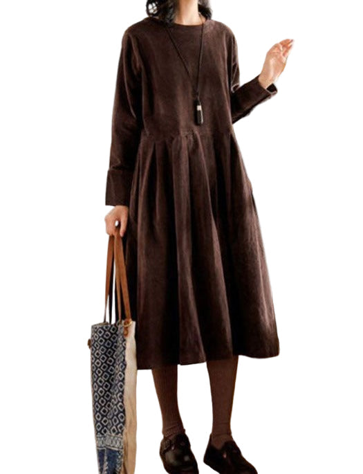 Sorvienne Flowing Long Sleeve Cord Midi Dress in Brown