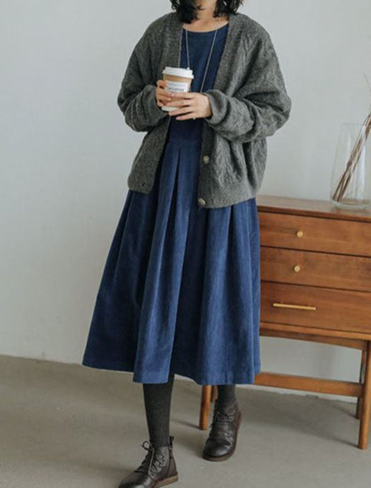 Sorvienne Flowing Long Sleeve Cord Midi Dress in Blue