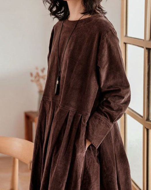 Sorvienne Flowing Long Sleeve Cord Midi Dress in Brown