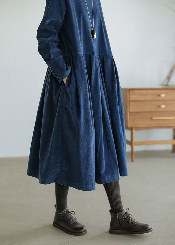 Sorvienne Flowing Long Sleeve Cord Midi Dress in Blue