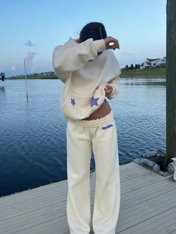 Sorvienne Oversized Star Patch Hoodie and Joggers Set in Cream