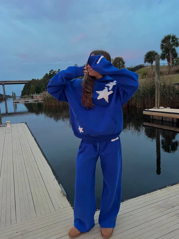 Sorvienne Oversized Star Patch Hoodie and Joggers Set in Cobalt Blue