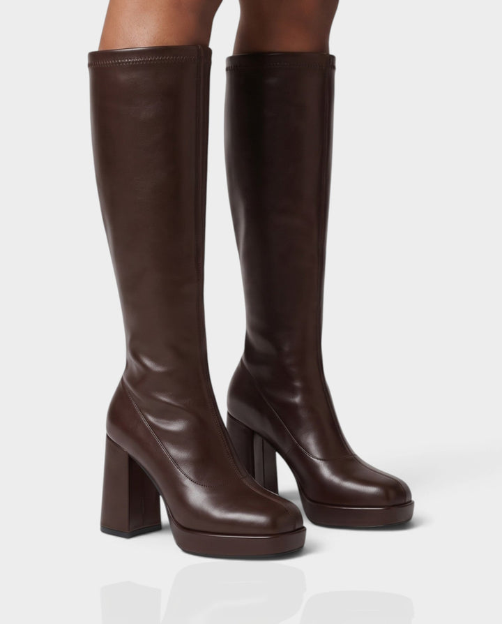 Sorvienne Square Toe Platform Knee High Boots in Brown