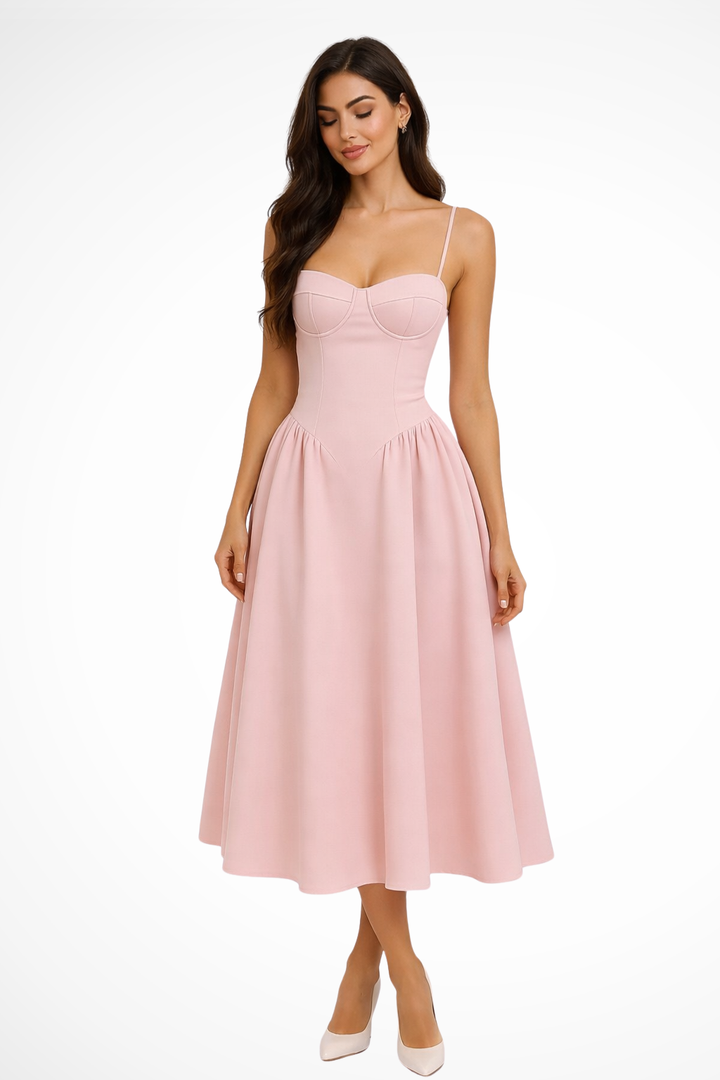 Sorvienne Women's Corset A-Line Midi Dress in Pink