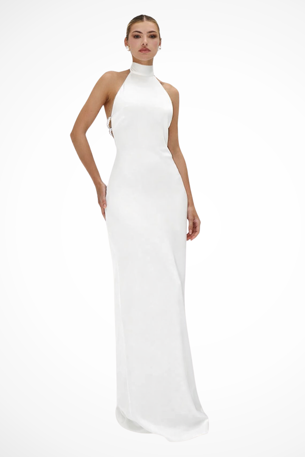 Sorvienne Women's High Neck Halter Chain Detail Backless Maxi Dress