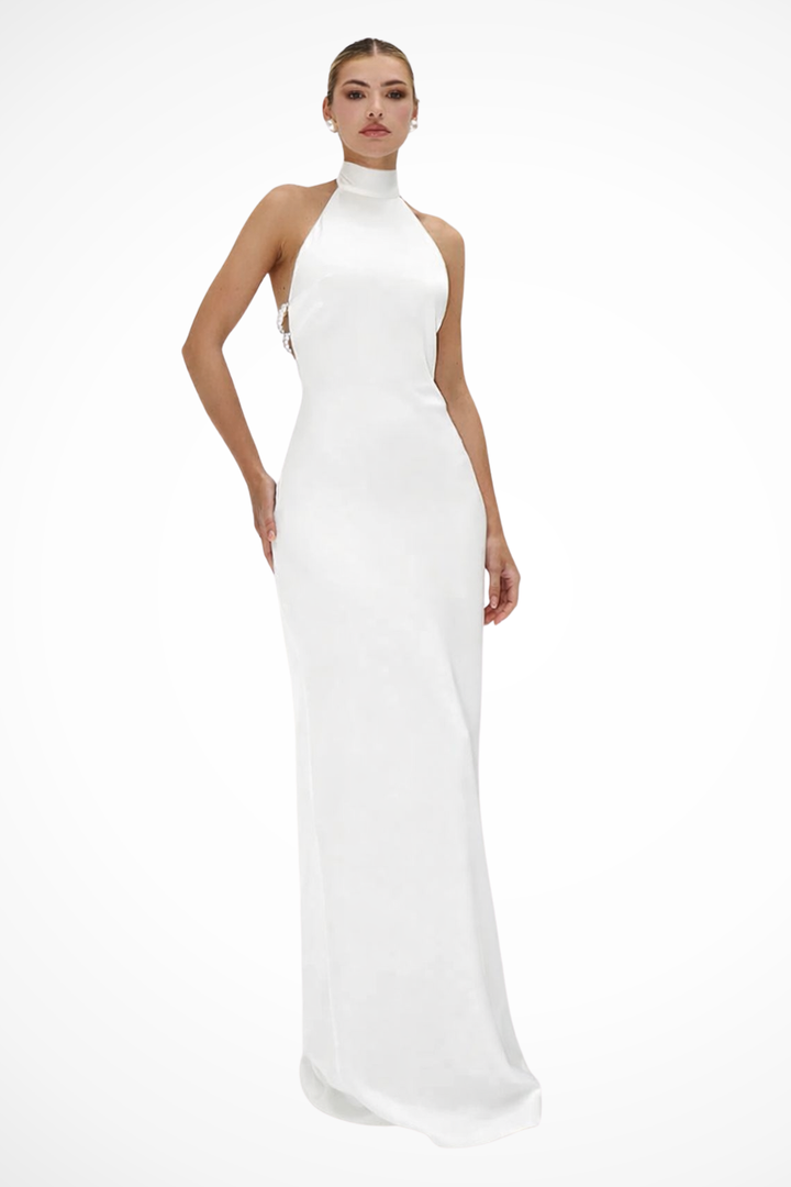 Sorvienne Women's High Neck Halter Chain Detail Backless Maxi Dress