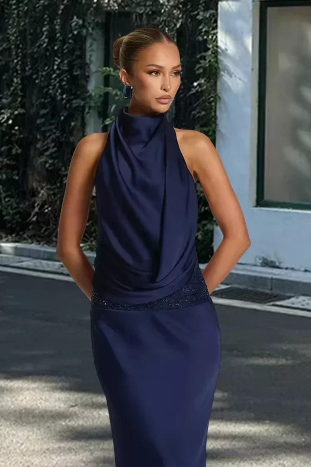 Sorvienne Women's Halter Neck Draped Satin Maxi Dress