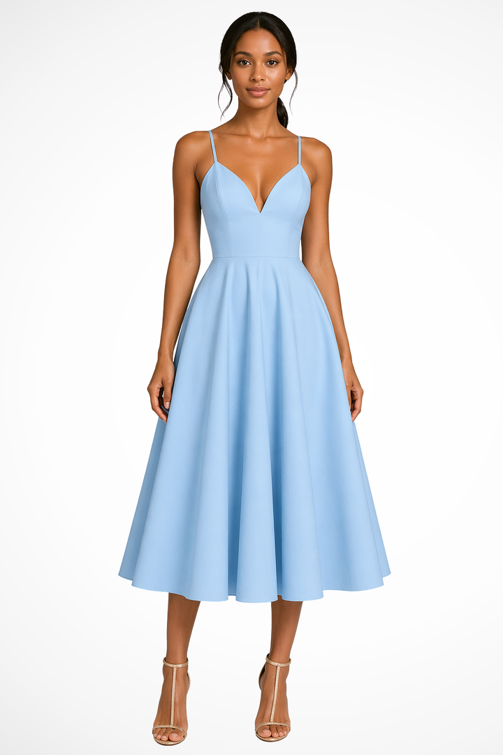 Sorvienne Women's Sweetheart Neck A-Line Midi Dress in Blue