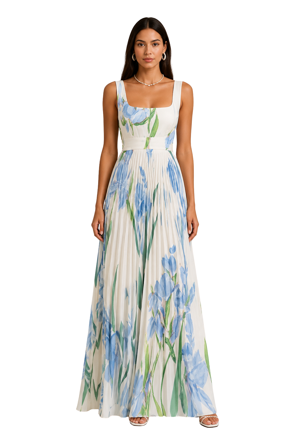Light Blue Women's Floral Pleated Square Neck Maxi Dress – Sorvienne