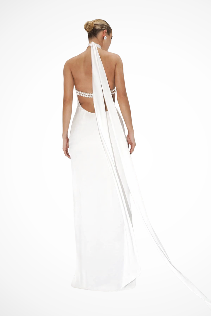 Sorvienne Women's High Neck Halter Chain Detail Backless Maxi Dress in White