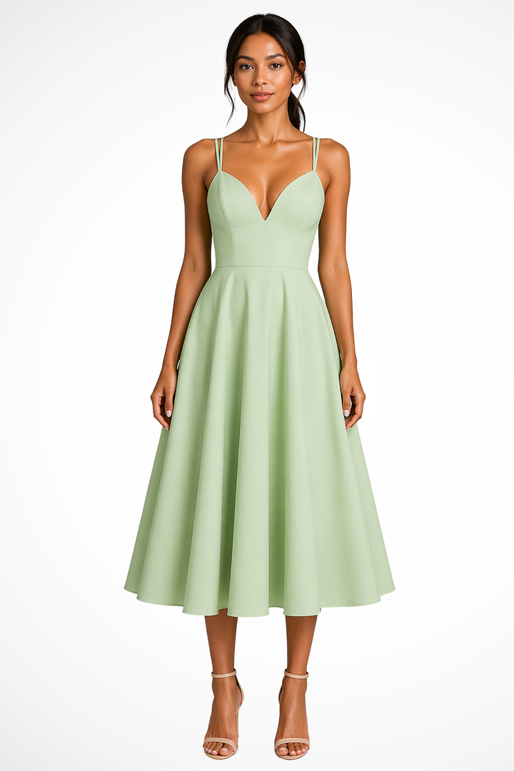 Sorvienne Women's Sweetheart Neck A-Line Midi Dress in Green