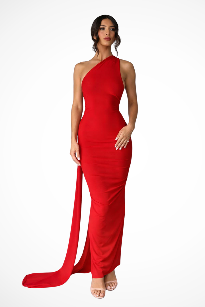 Sorvienne Women's One Shoulder Backless Ruched Maxi Dress in Red