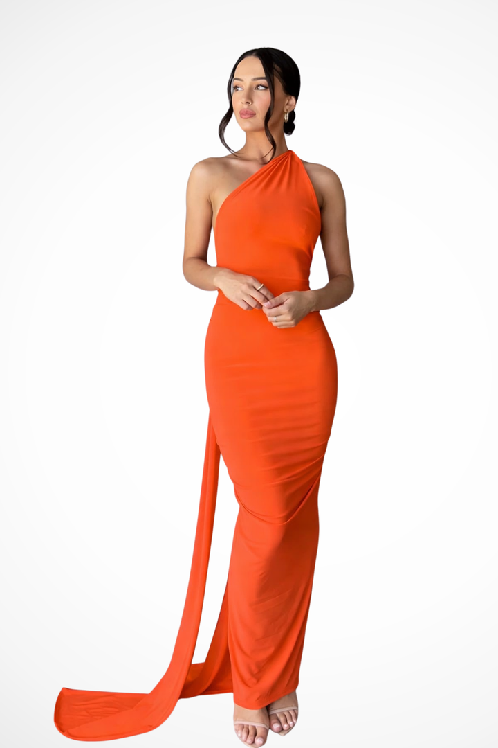Sorvienne Women's One Shoulder Backless Ruched Maxi Dress in Orange